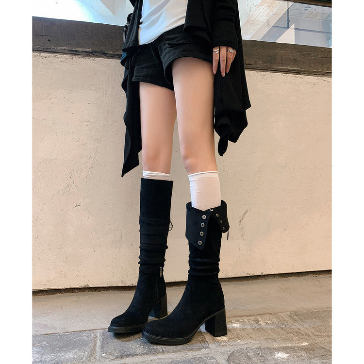 Trend metal buckle shows thin temperament high heel fashion boots women's 2025 autumn and winter new round head fashion pleated thick heel boots