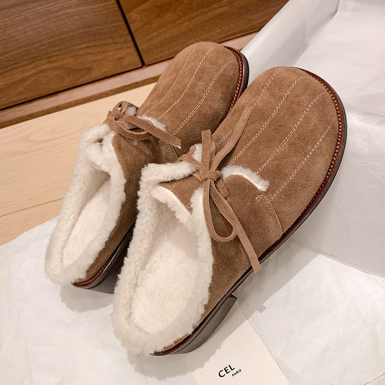 2024 winter new velvet warm bag head slippers women's fashion bow one pedal comfortable thick middle heel hair drag