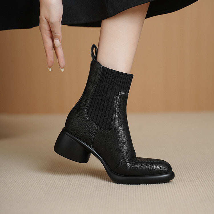 Fashion splicing medium heel elastic socks boots women's 2025 autumn and winter new versatile pointed thick heel fashion short boots
