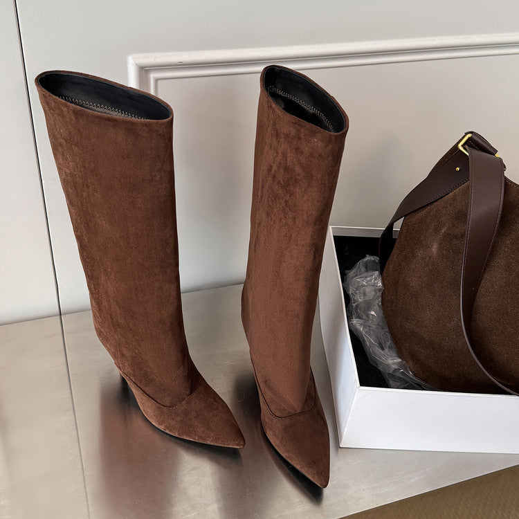 2025 autumn and winter new Spice Girl pointed high-heeled temperament boots women's European and American fashion sleeve sexy stiletto fashion boots