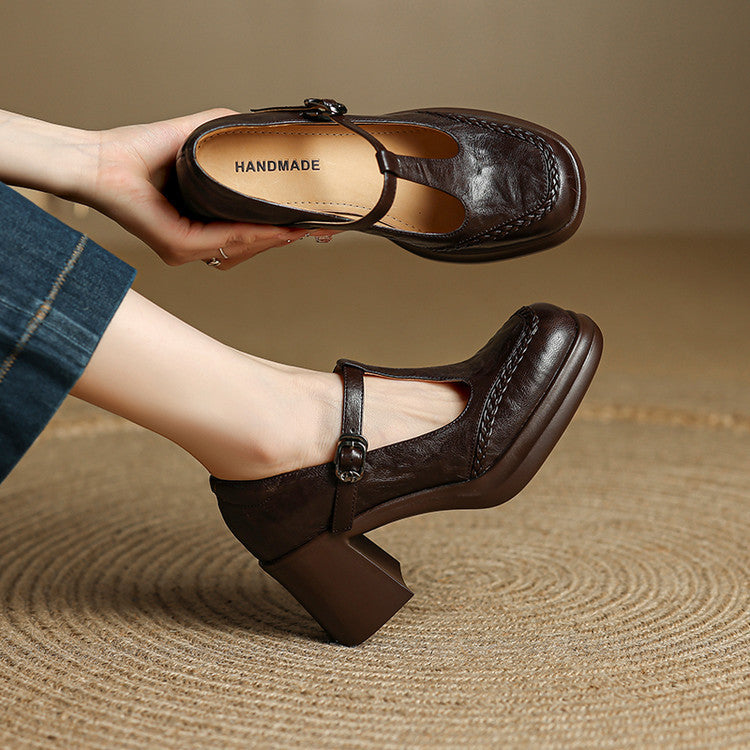 French woven hand-scratched sheepskin high heels 2025 autumn new fashion T-buckle with thick heel Mary Jane single shoes women