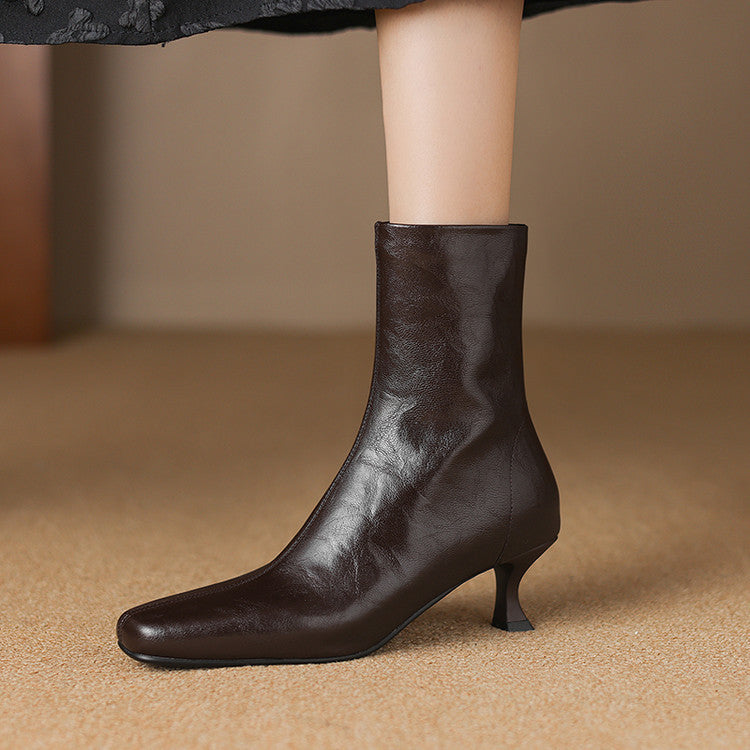 Large size medium heel thin short boots women's autumn and winter 2025 new square head side zipper versatile low heel thin boots women's boots