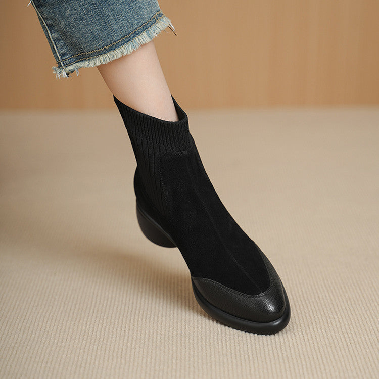 Fashion splicing medium heel elastic socks boots women's 2025 autumn and winter new versatile pointed thick heel fashion short boots