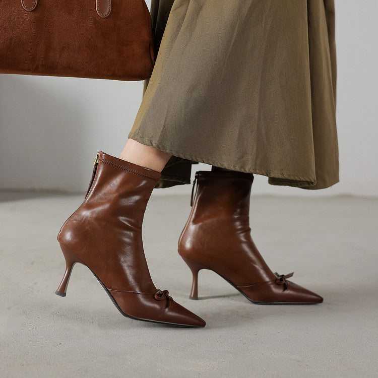 French elegant bow temperament high heel elastic thin boots women's boots 2025 autumn and winter new pointed thin heel short boots