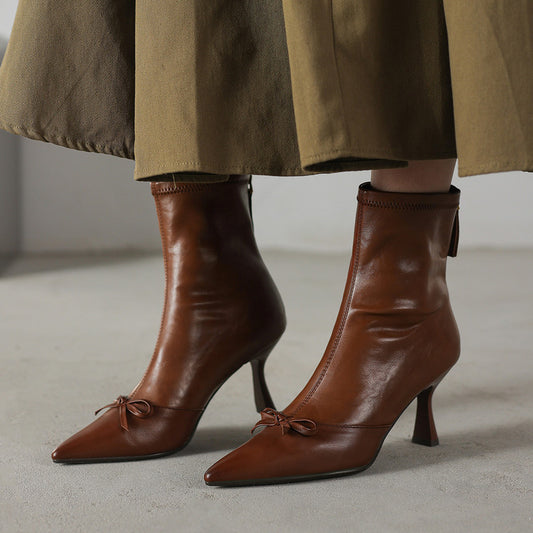 French elegant bow temperament high heel elastic thin boots women's boots 2025 autumn and winter new pointed thin heel short boots