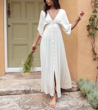 Button Front V-Neck Long MAXI Dress
