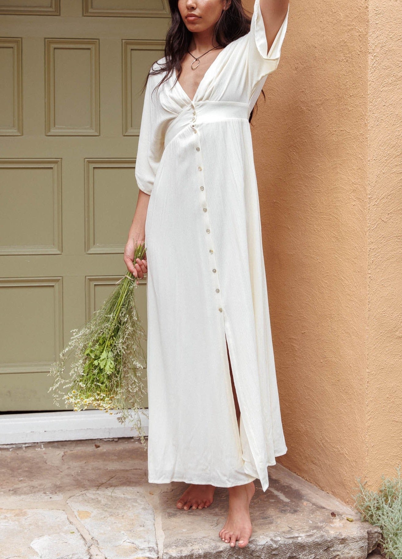 Button Front V-Neck Long MAXI Dress