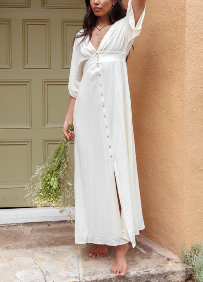 Button Front V-Neck Long MAXI Dress